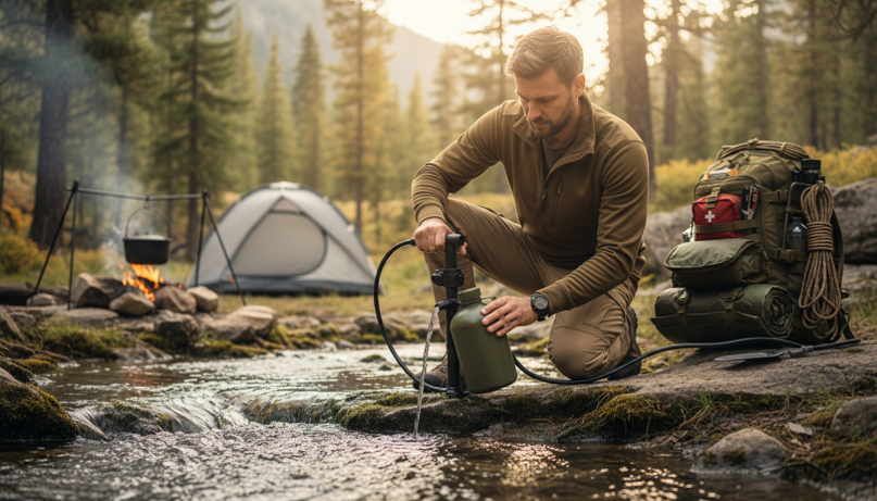 Uso de filtro de agua portátil para obtener agua potable en exterior