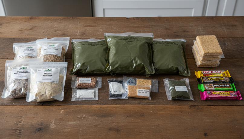 Diferentes tipos de comida de emergencia: liofilizada, raciones militares y barras energéticas