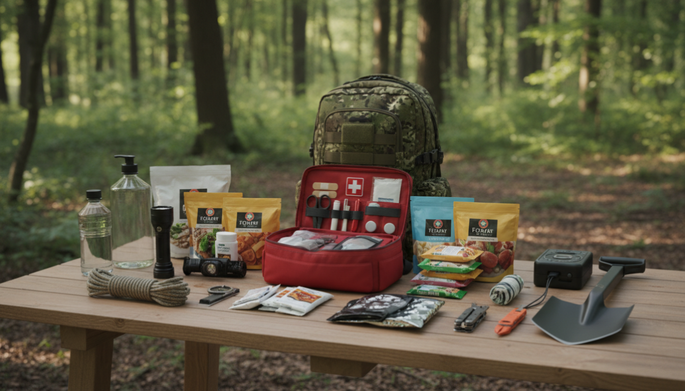 Kit de supervivencia completo con agua, linterna, botiquín y comida de emergencia
