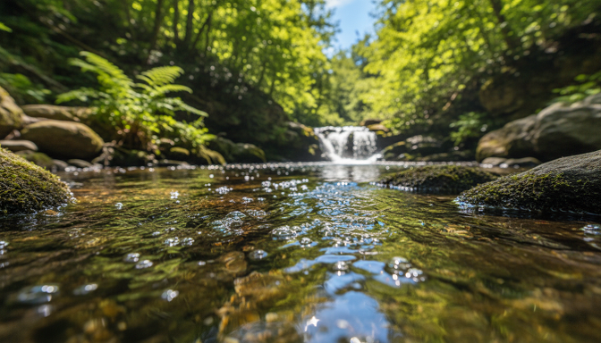 Agua natural que puede parecer limpia pero contener microorganismos y contaminantes