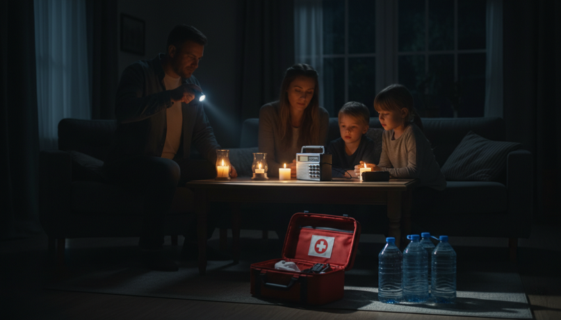 Apagón eléctrico en el hogar usando linterna y radio de emergencia