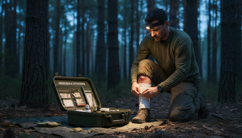 Persona utilizando botiquín de primeros auxilios en situación de emergencia