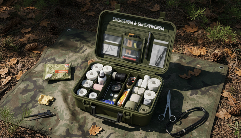 Botiquín de primeros auxilios preparado para emergencia y supervivencia