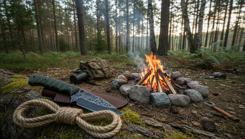 Equipo de bushcraft con cuchillo, cuerda y fuego en entorno natural