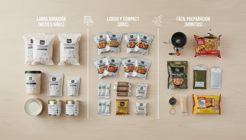 Selección de comida de emergencia según duración, peso y facilidad de preparación