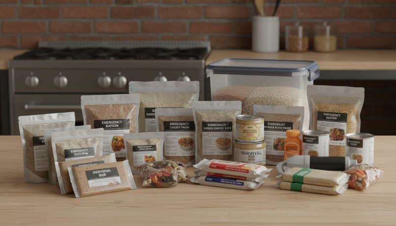 Comida de emergencia preparada con raciones de larga duración y alimentos de supervivencia