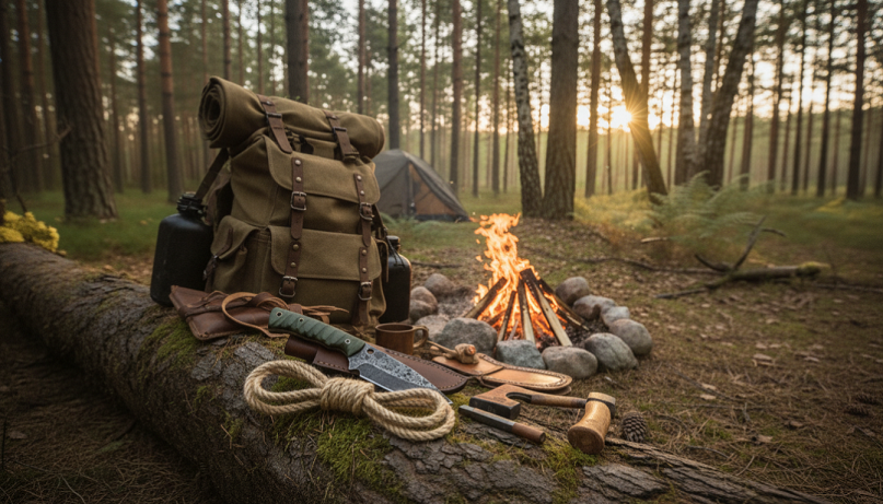 Equipo completo de bushcraft listo para salida