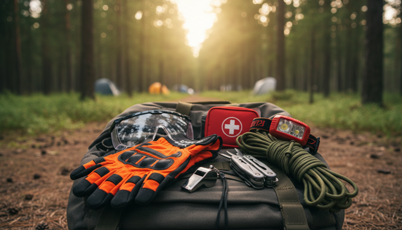 Equipo de protección personal para emergencias como guantes, gafas y silbato