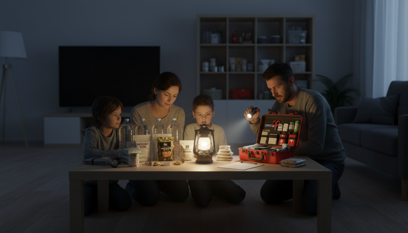 Familia preparada en casa con kit de emergencia listo