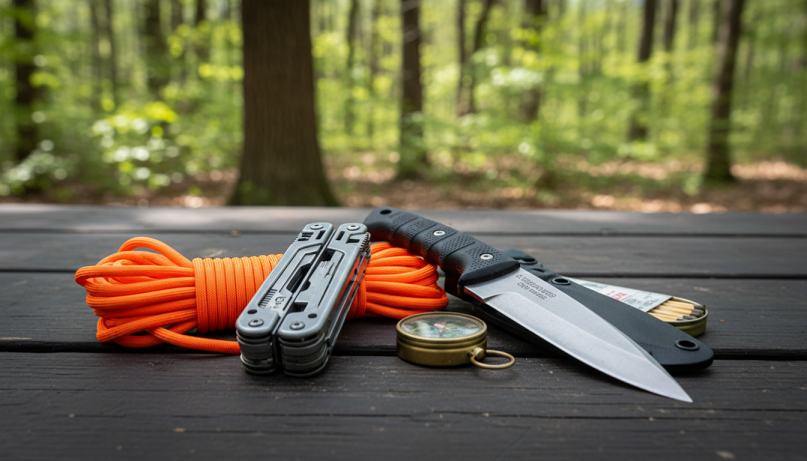 Multiherramienta, cuchillo de supervivencia y cuerda paracord
