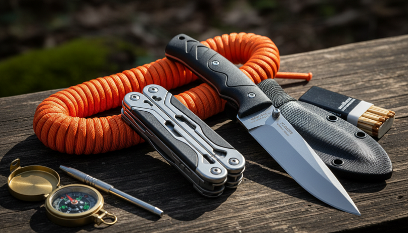 Herramientas de supervivencia como multiherramienta, cuchillo y cuerda