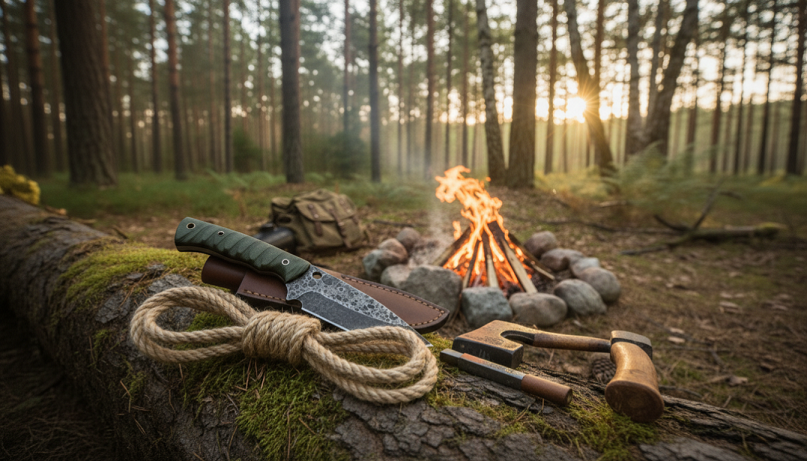 Equipo básico de bushcraft con cuchillo, hacha y pedernal
