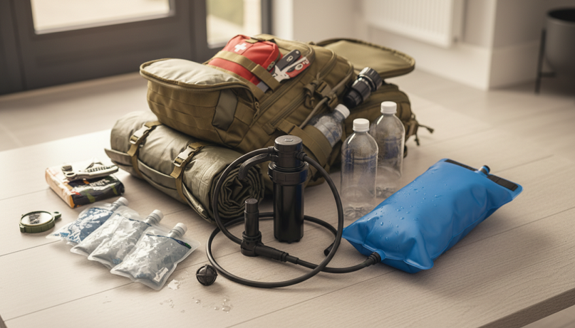 Equipo de agua y purificación para emergencia: filtros, cantimplora y pastillas potabilizadoras