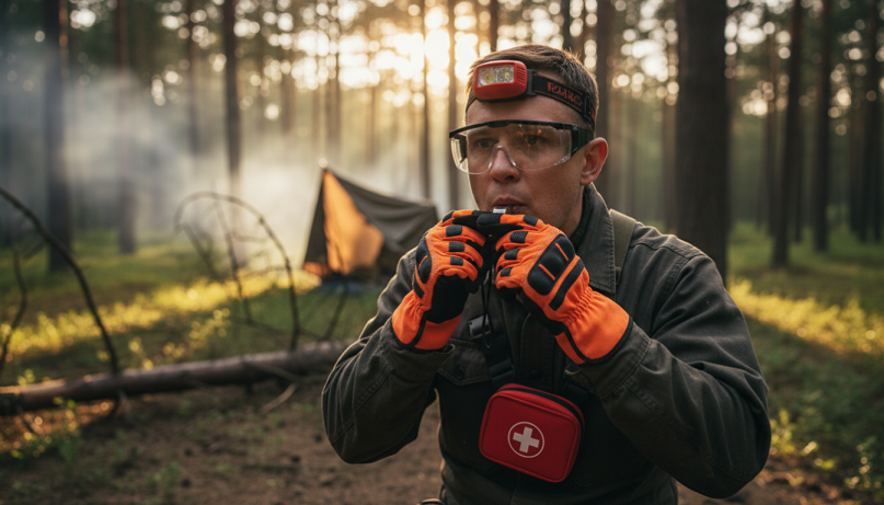 Persona usando guantes y gafas de protección en situación de emergencia
