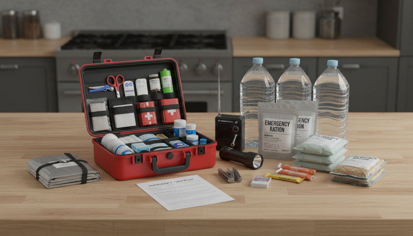 Contenido de un kit de emergencia doméstico con agua, comida, radio y botiquín