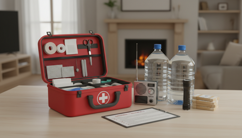 Kit de emergencia preparado en casa con linterna, agua, radio y botiquín