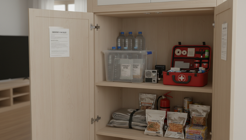 Kit de emergencia doméstico guardado en un armario accesible