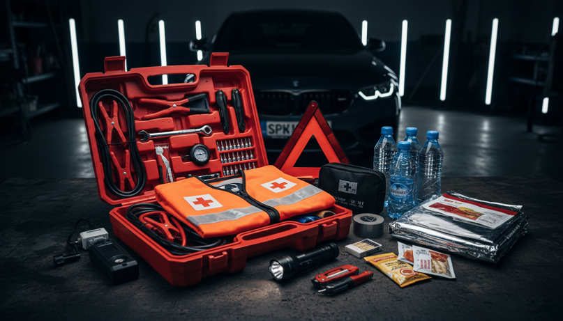 Contenido de un kit de emergencia para coche con herramientas y suministros básicos