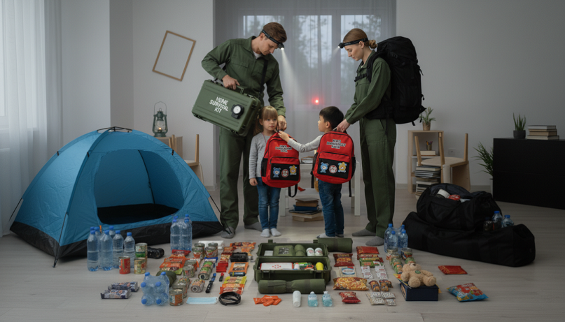 Familia preparada con kit de supervivencia completo