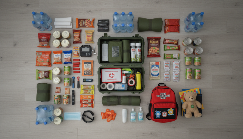 Contenido organizado de kit familiar con agua, comida y botiquín