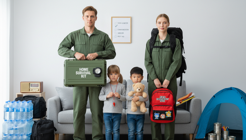 Familia preparada con kit de emergencia y mochila para niños