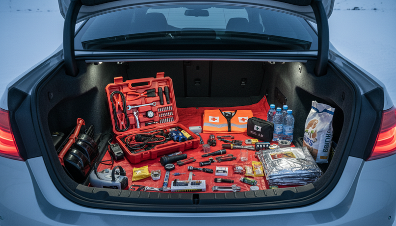 Kit de supervivencia para coche organizado en el maletero