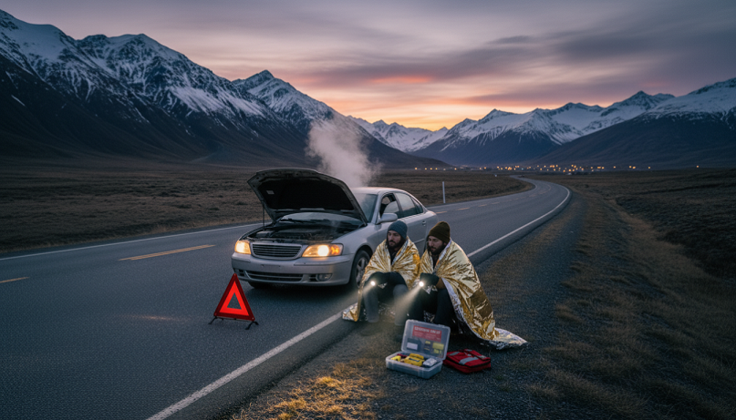 Coche averiado en carretera usando manta térmica y linterna