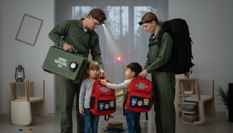 Familia organizada durante emergencia con mochilas preparadas