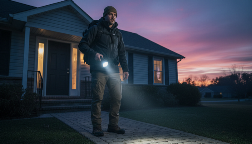 Persona saliendo de casa con mochila de emergencia preparada