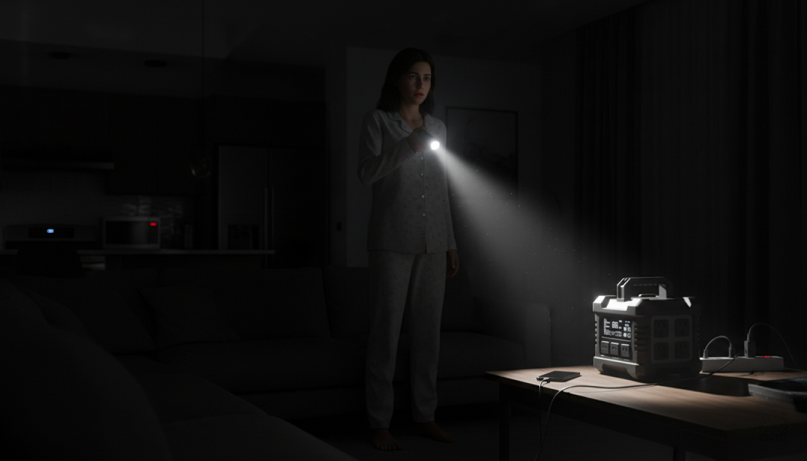 Apagón nocturno con uso de linterna de emergencia en casa