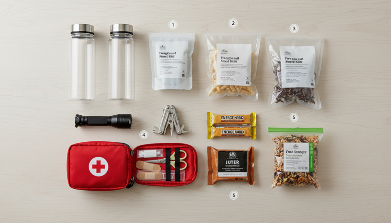 Elementos esenciales de un kit de supervivencia completo organizados