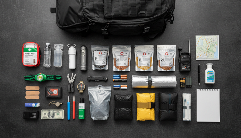 Contenido organizado de una mochila de supervivencia 72 horas