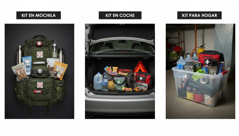 Diferentes tipos de kits de supervivencia para hogar, coche y mochila